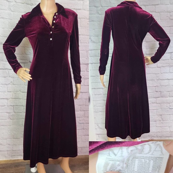 Small 90s wine shirt Dress Stretch Velvet A Line button tab collar - Picture 1 of 5